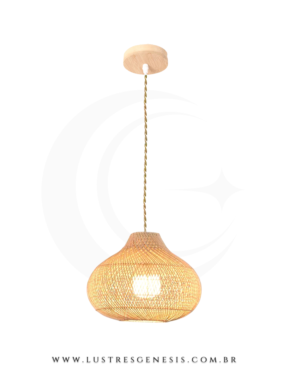Pendente rústico de rattan e madeira Hao de 35cm, ideal para mesas, balcão de cozinha, área gourmet e sítios.